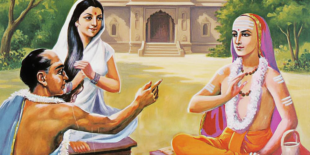 Visual representation of the famous debate between Adi Shankaracharya (right) and Mandana Mishra⁠ (left), with Ubhaya Bharati (centre)