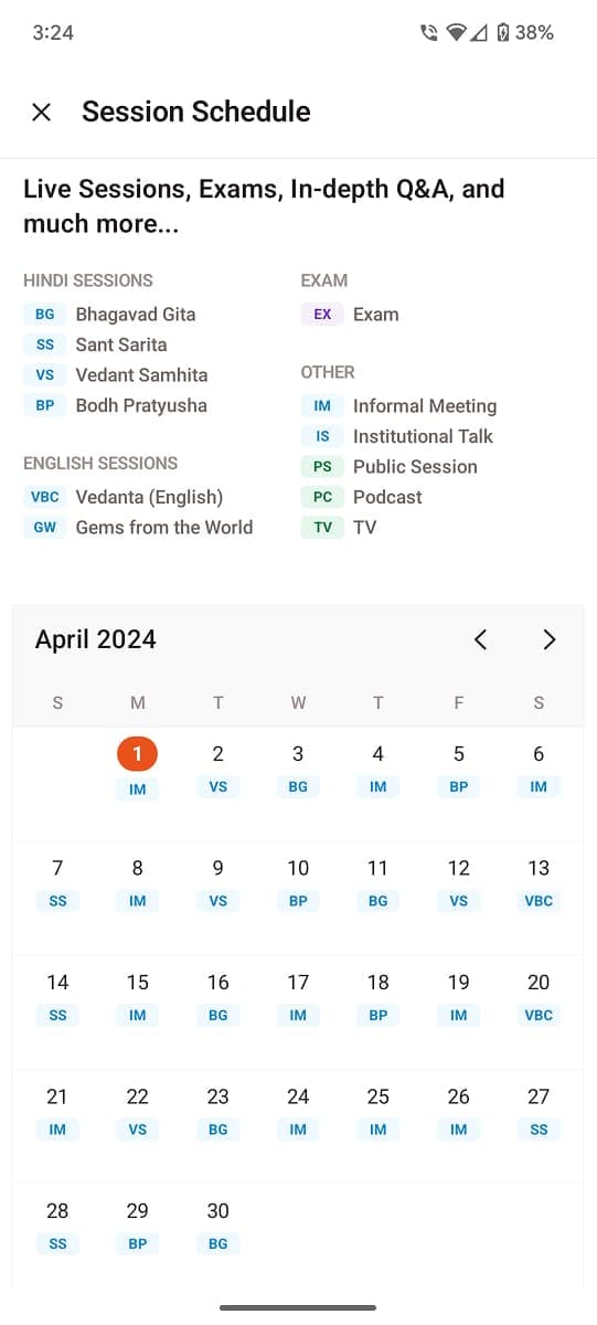 Screenshot of daily sessions’ schedule from Acharya Prashant App, April 2024