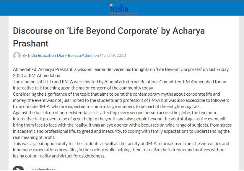 Discourse on ‘Life Beyond Corporate’ by Acharya Prashant