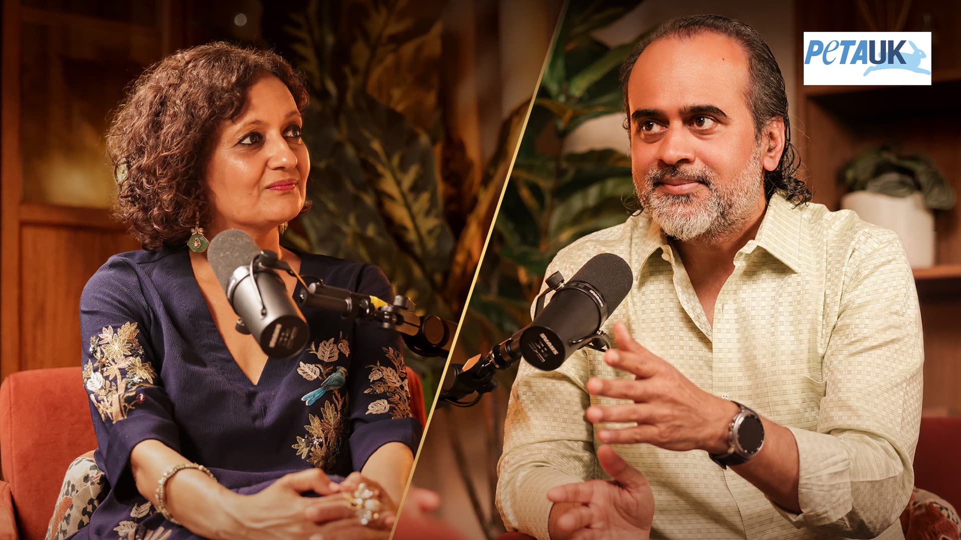 Acharya Prashant recording a podcast with PETA’s Poorva Joshipura